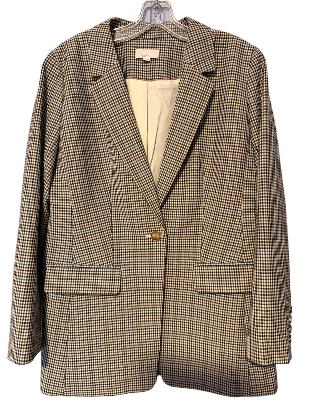 LOFT Classic Plaid Boyfriend Blazer Beige Multi Tailored Sz 12 - Picture 2 of 13